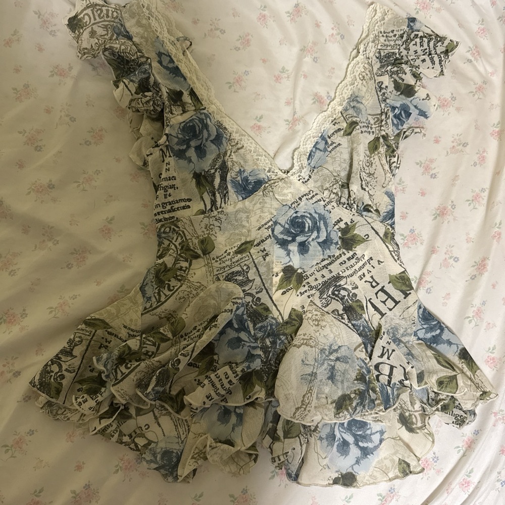 Kimchi Blue Ruffled Wrap Blouse Blue and White